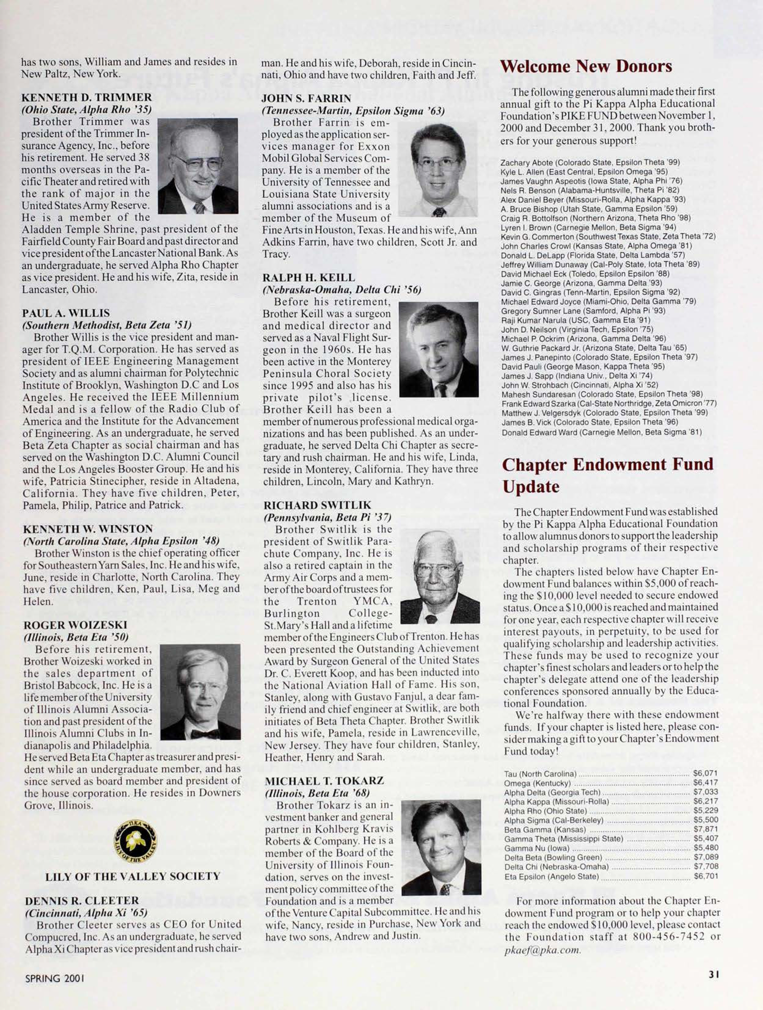 Welcome New Donors, Spring 2001